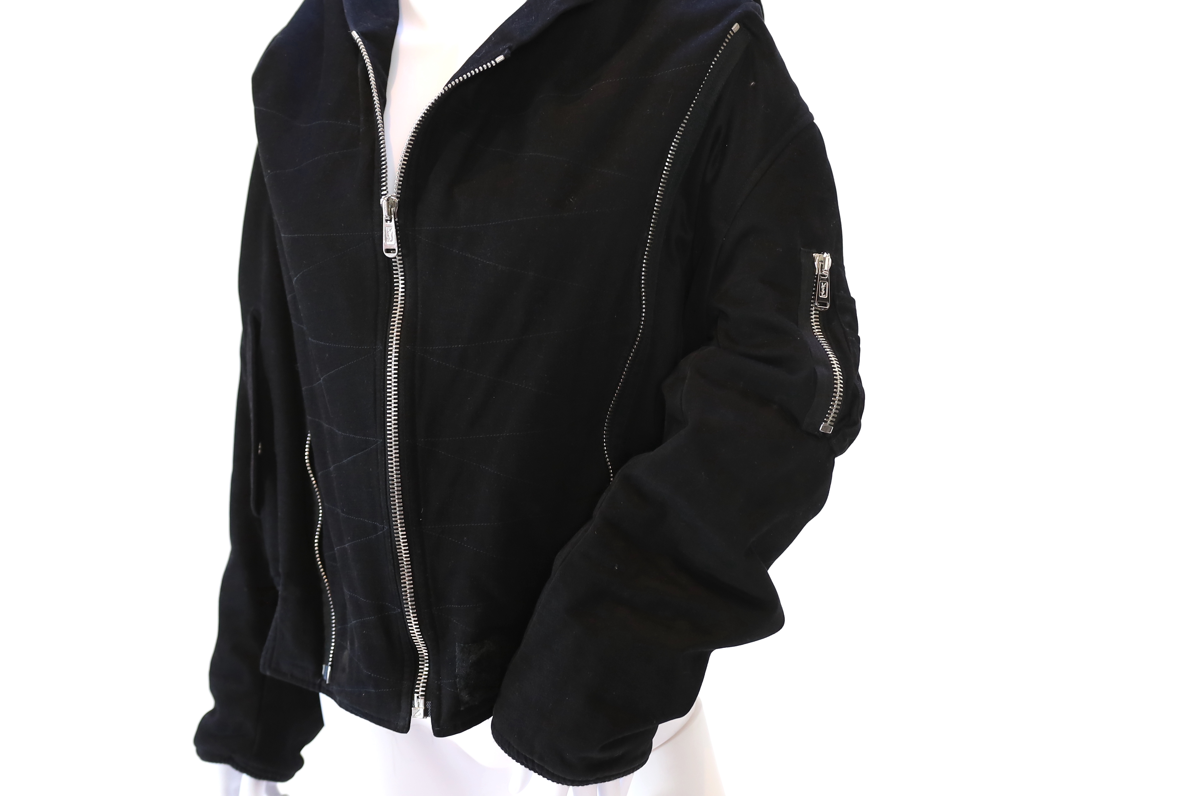 A vintage Yves Saint Laurent lady's hooded black double zipped bomber jacket, size 10-12